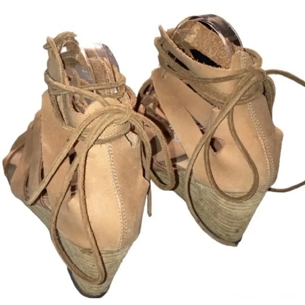 Free people cradle mini wedge strappy gladiator sandal Congac tan leather sz 8.5